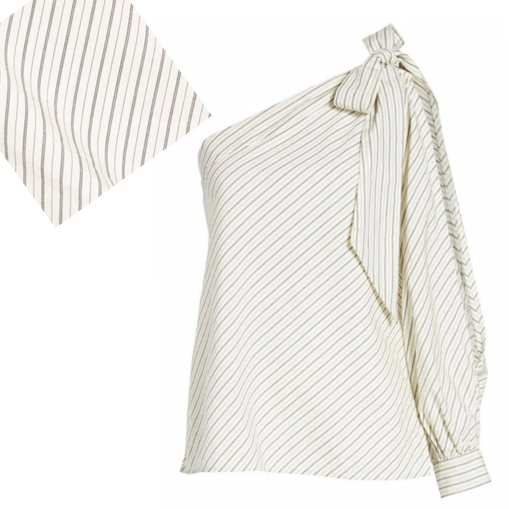BP. Black & White Pinstripe Split Long Sleeve One Shoulder Dress Blouse Sz XXS - Picture 2 of 16